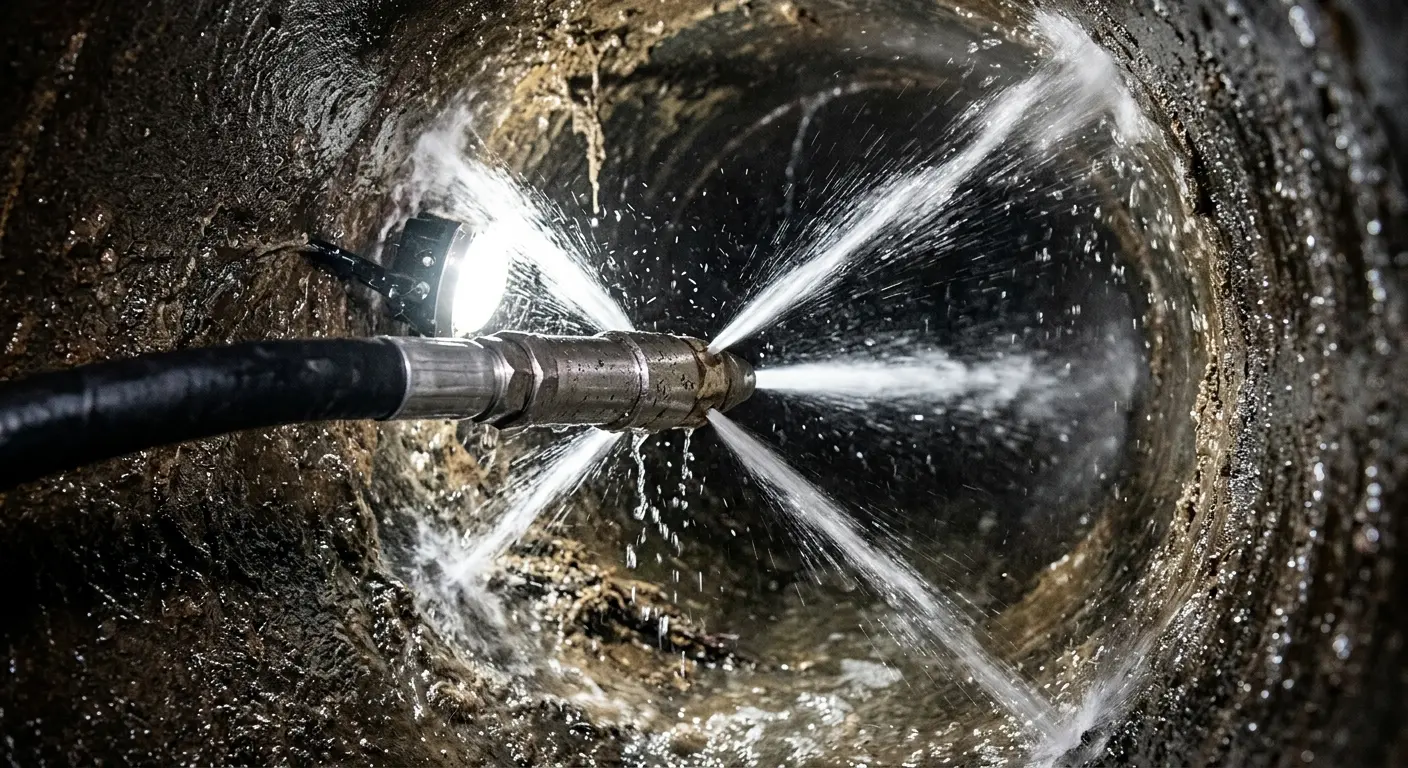 High-pressure hydro jetting nozzle cleaning sewer pipe for Emergency Drain Service in Wyomissing