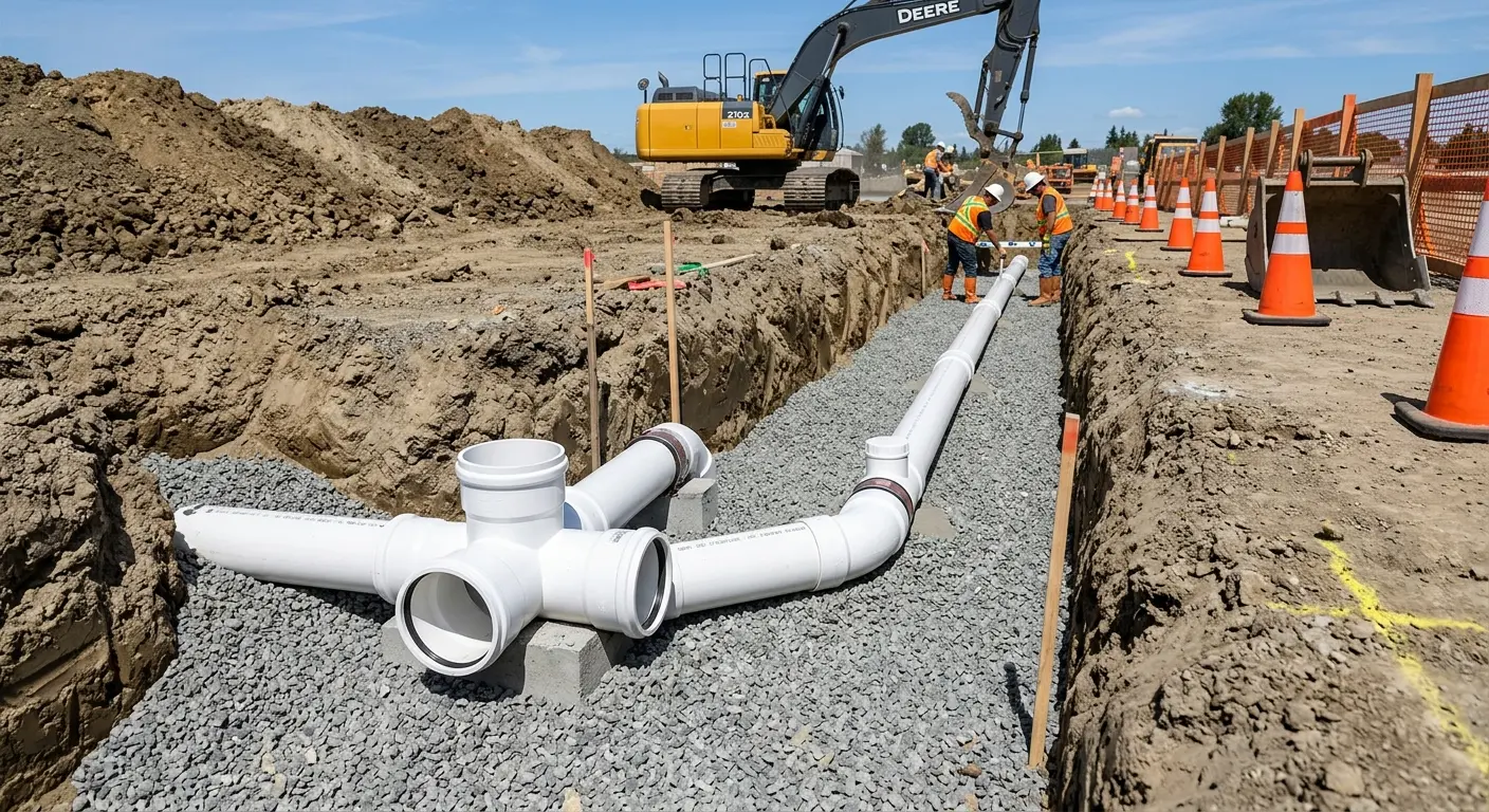 New PVC sewer pipe installation in open trench for Sewer Backup in Wyomissing