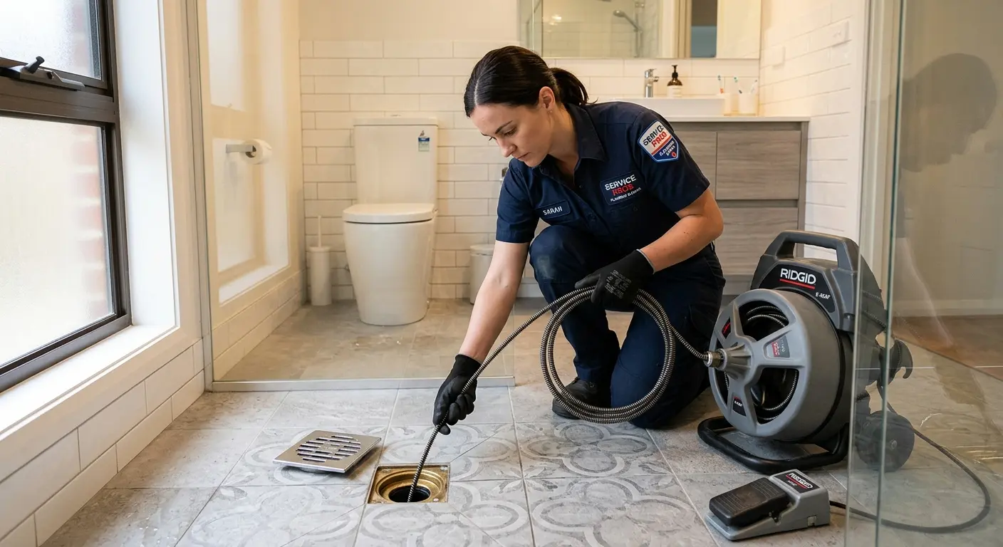 Technician clearing a bathroom floor drain for Sewer Line Replacement in Wyomissing